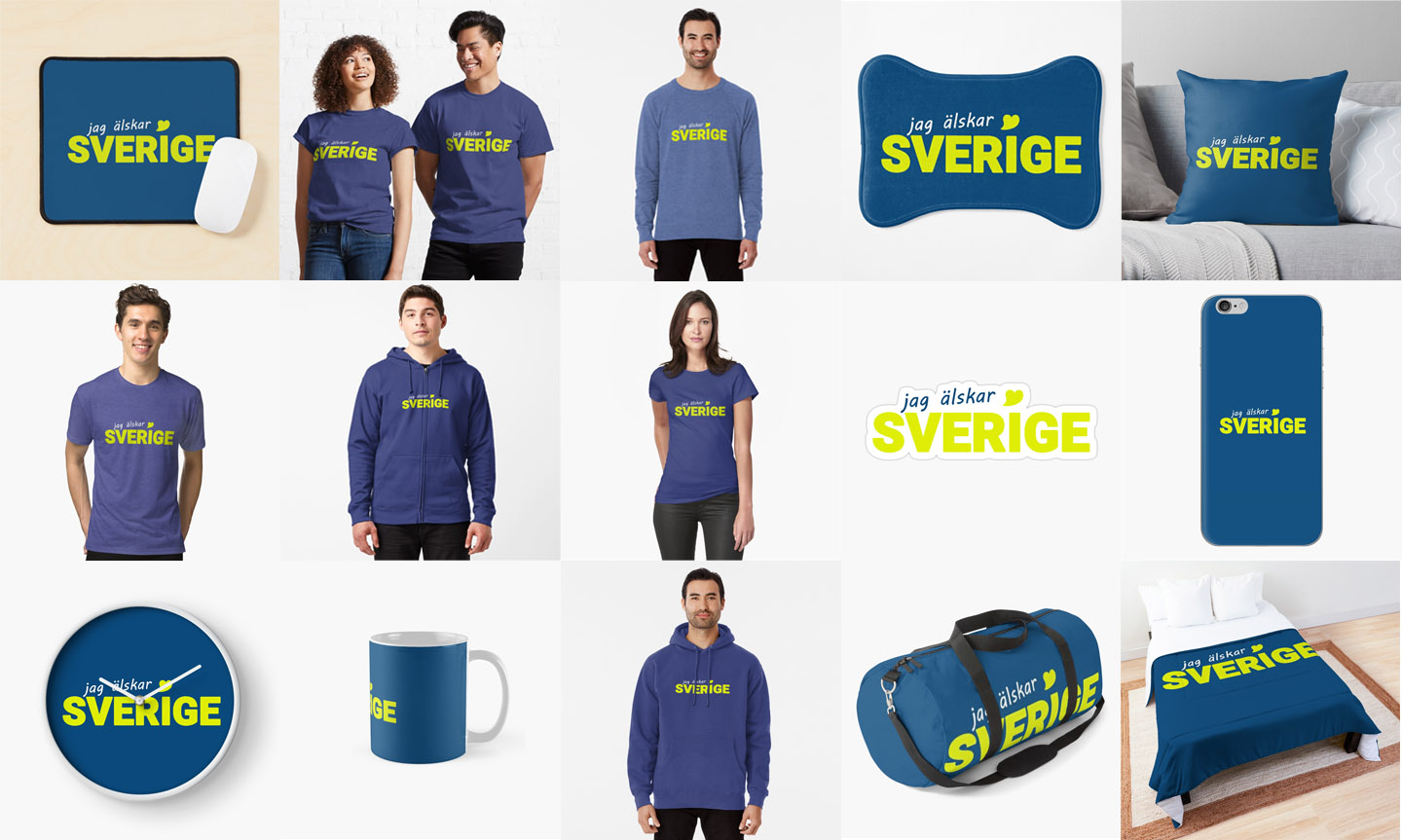 Produkter med Jag älskar Sverige-trycket: t-shirt, hoodie, mugg, kudde, väska, klocka och mobilskal.