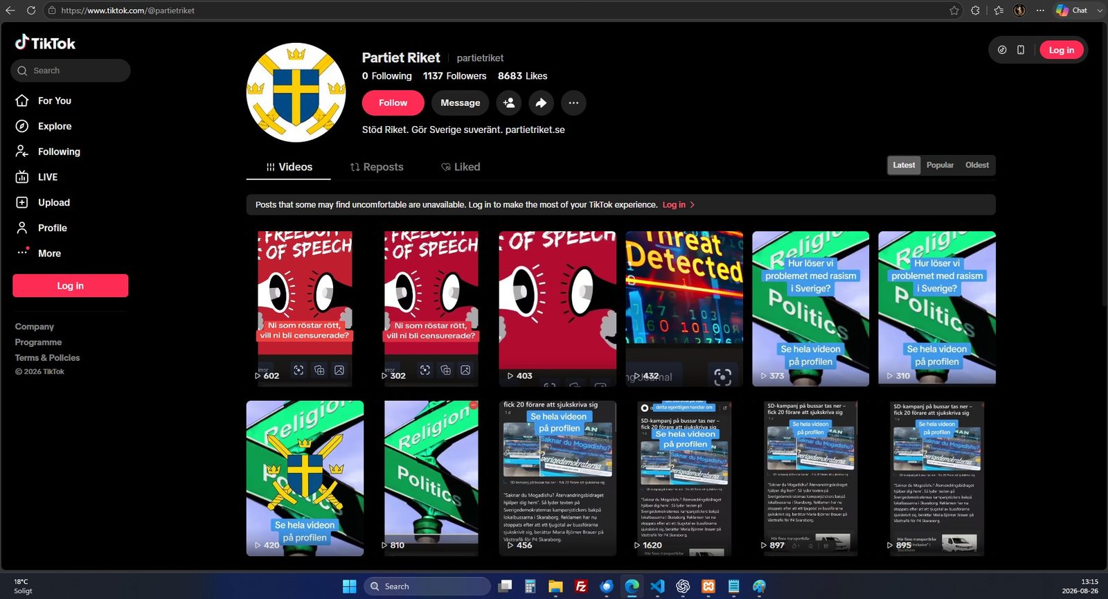 Skärmbild av Riket i sociala medier den 26 augusti 2026, som visar 1137 följare och 8683 gillamarkeringar.