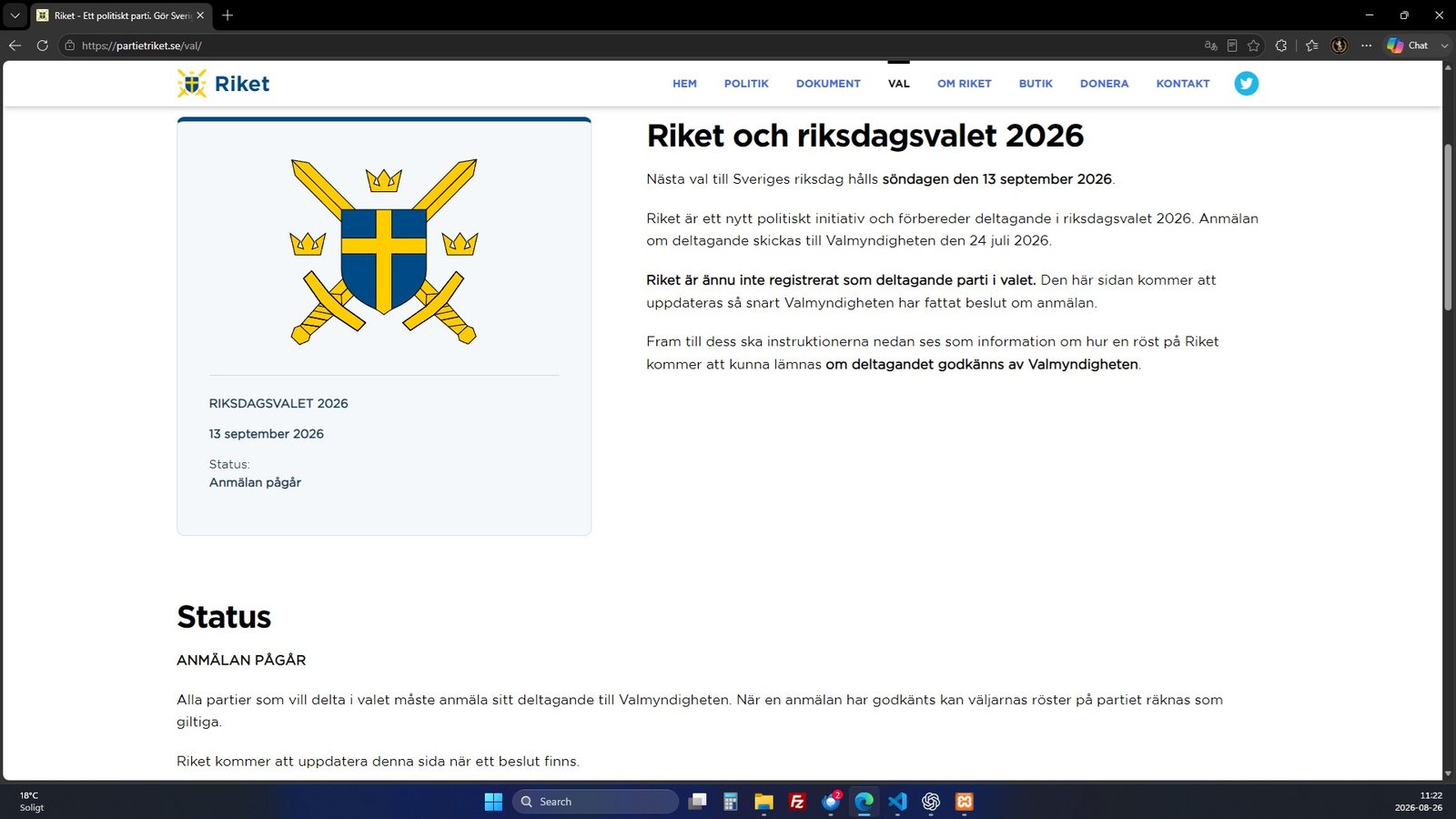 Skärmbild av Rikets egen valsida på partietriket.se den 26 augusti 2026, med statusen ”Anmälan pågår” och texten att Riket ännu inte är registrerat som deltagande parti.