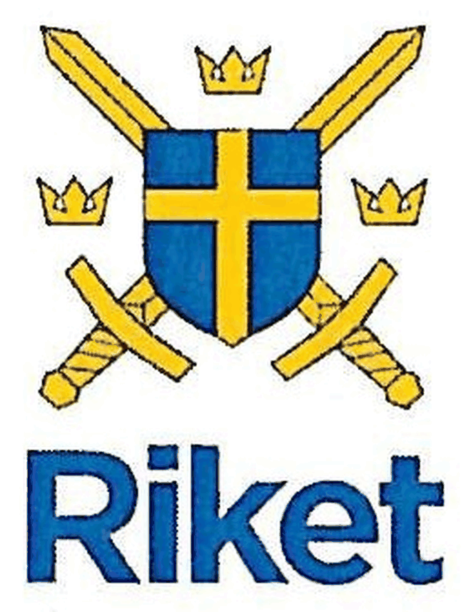 Rikets partisymbol: en blå sköld med gult kors, två korsade gula svärd bakom skölden och tre gula kronor, med ordet Riket i blått under.